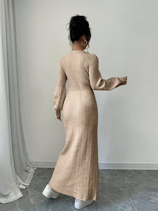 Elegant Beige High-Neck Sweater Dress with Lantern Sleeves – Long Ribbed Knit Dress for Fall & Winter, Casual Chic Women’s Fashion