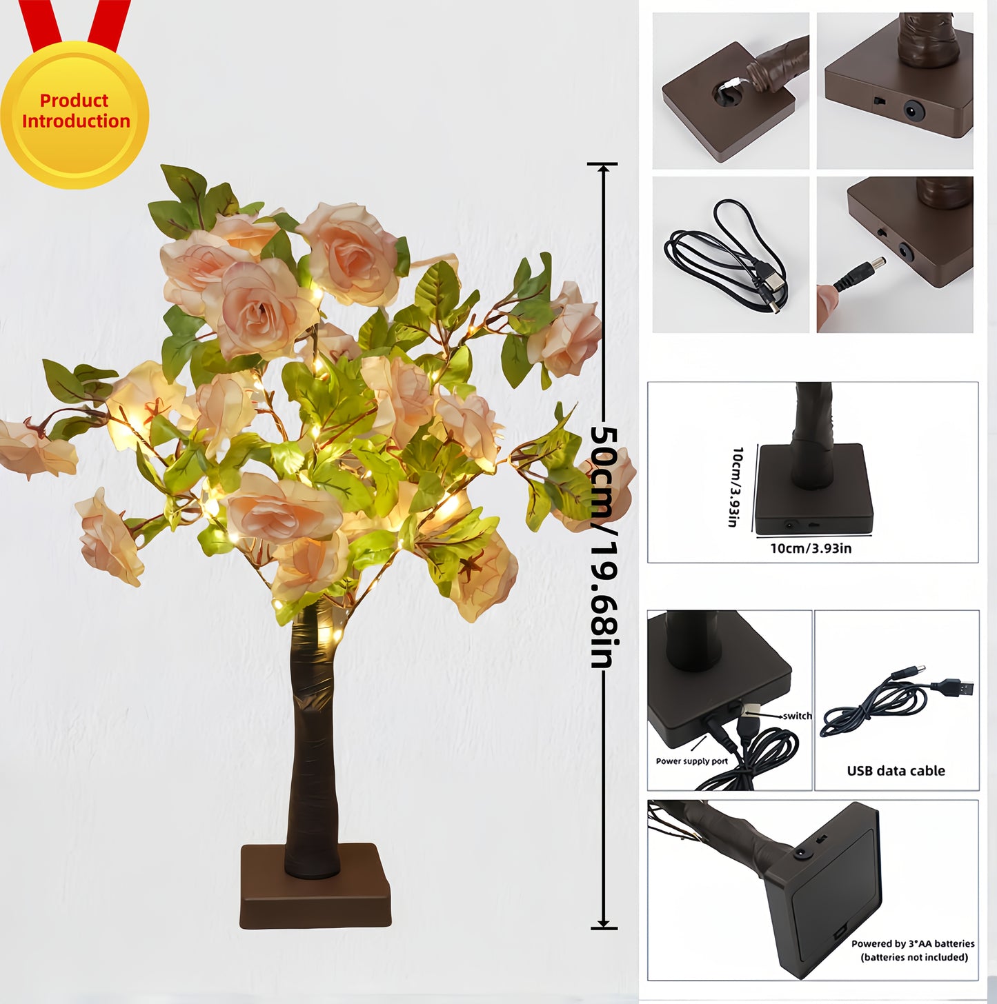 Artificial Rose Tree Lamp – USB-Powered Floral Light with Soft Glow, Elegant Wedding & Home Decor Centerpiece