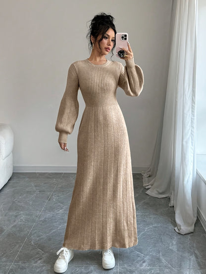 Elegant Beige High-Neck Sweater Dress with Lantern Sleeves – Long Ribbed Knit Dress for Fall & Winter, Casual Chic Women’s Fashion