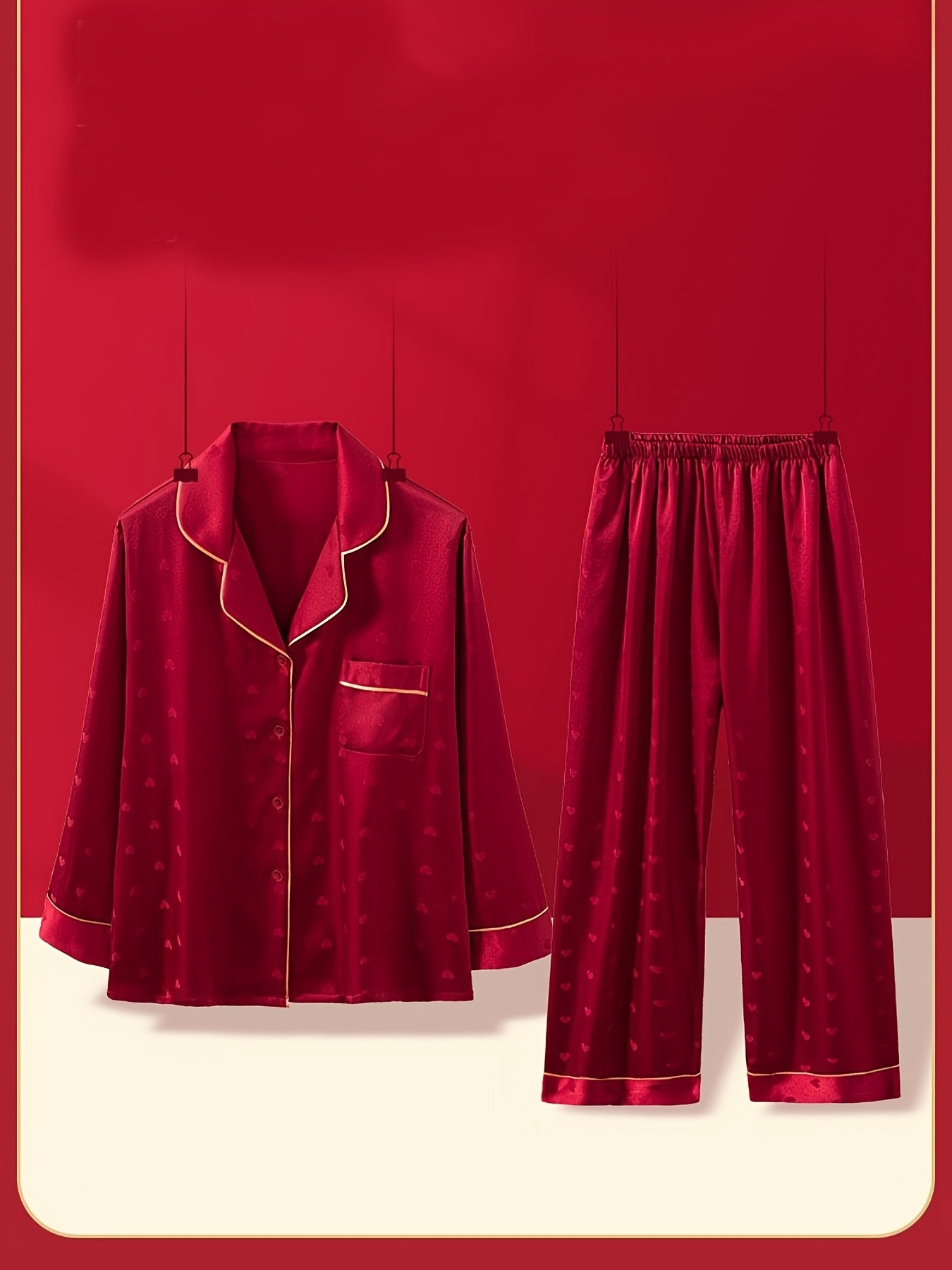Women’s Elegant Red Heart-Pattern Pajama Set – Soft Long-Sleeve Top & Pants with Lapel Collar and Button Details for Spring/Fall