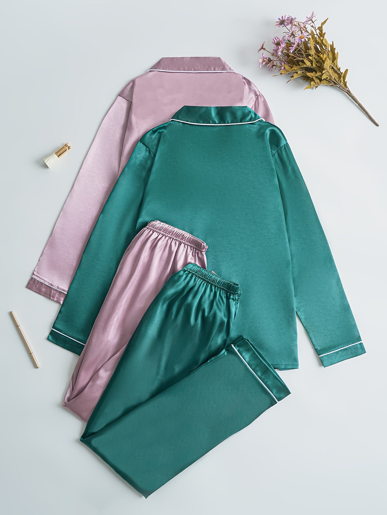 Women’s 2-Set Satin Pajama Collection – Long-Sleeve & Long-Pants Solid Color Sleepwear with Turned Collar and Elegant Button Detailing for Autumn/Winter