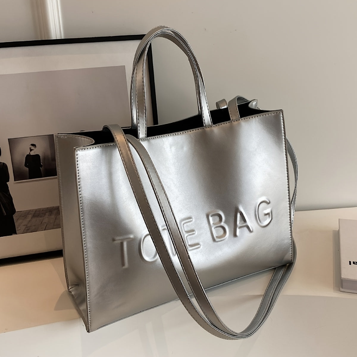 PU Textured Large-Capacity Women’s Tote Bag — Vintage Commuter Shoulder & Crossbody Bag with ‘TOTE BAG’ Embossed Design, Durable and Lightweight, Ideal for Work, Business & School, Available in Black, Brown, and Silve