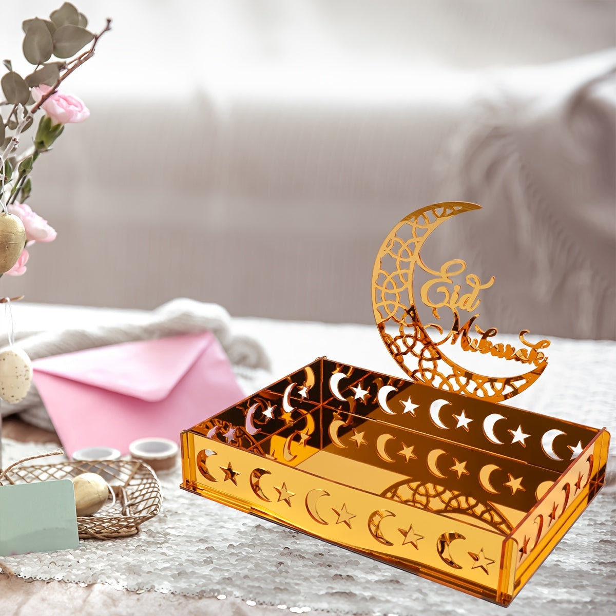 1pc Ramadan Kareem Acrylic Tray | Moon Star Castle Eid Mubarak Table Centerpiece, Ramadan Decoration for Home, Ramadan Mubarak Eid Al-Fitr Gifts, Islamic Muslim Party Supplies Ornament, Table Decor - FengRise