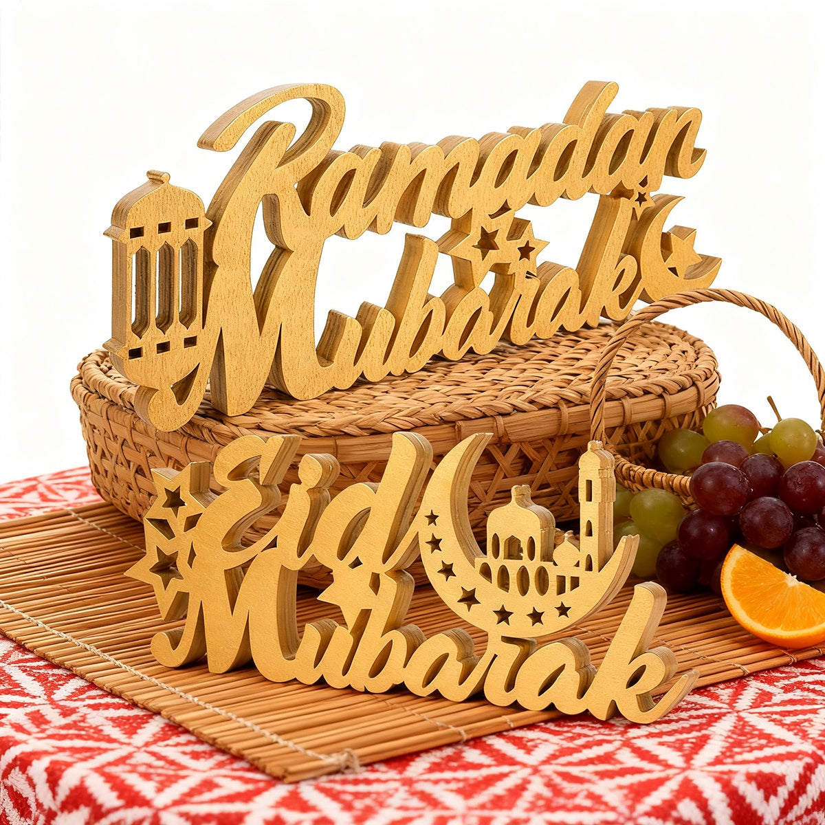 This Set of 2pcs Features Golden Wooden Decorations for Ramadan And Eid, Incorporating Symbols of Both "Ramadan Mubarak" And "Eid Mubarak." It Covers The Entire Period from Ramadan Blessings to Eid Celebrations, Suitable for