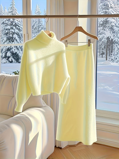 طقم ملابس تريكو نسائي لفصل الخريف والشتاء - فستان طويل فضفاض مع سترة بياقة عالية، بلون واحد