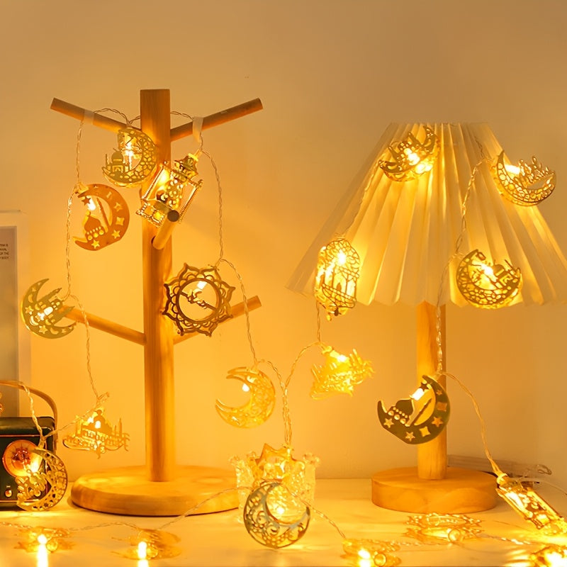10-LED Mixed Style Iron Moon Castle Oil Lamp String | Durable Ramadan Festival Decoration, Suitable for Ramadan, Spring, Winter, Bedroom, Battery Powered (Battery Not Included)
