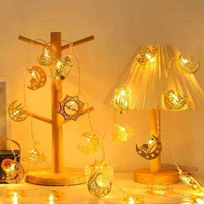 10-LED Mixed Style Iron Moon Castle Oil Lamp String | Durable Ramadan Festival Decoration, Suitable for Ramadan, Spring, Winter, Bedroom, Battery Powered (Battery Not Included)