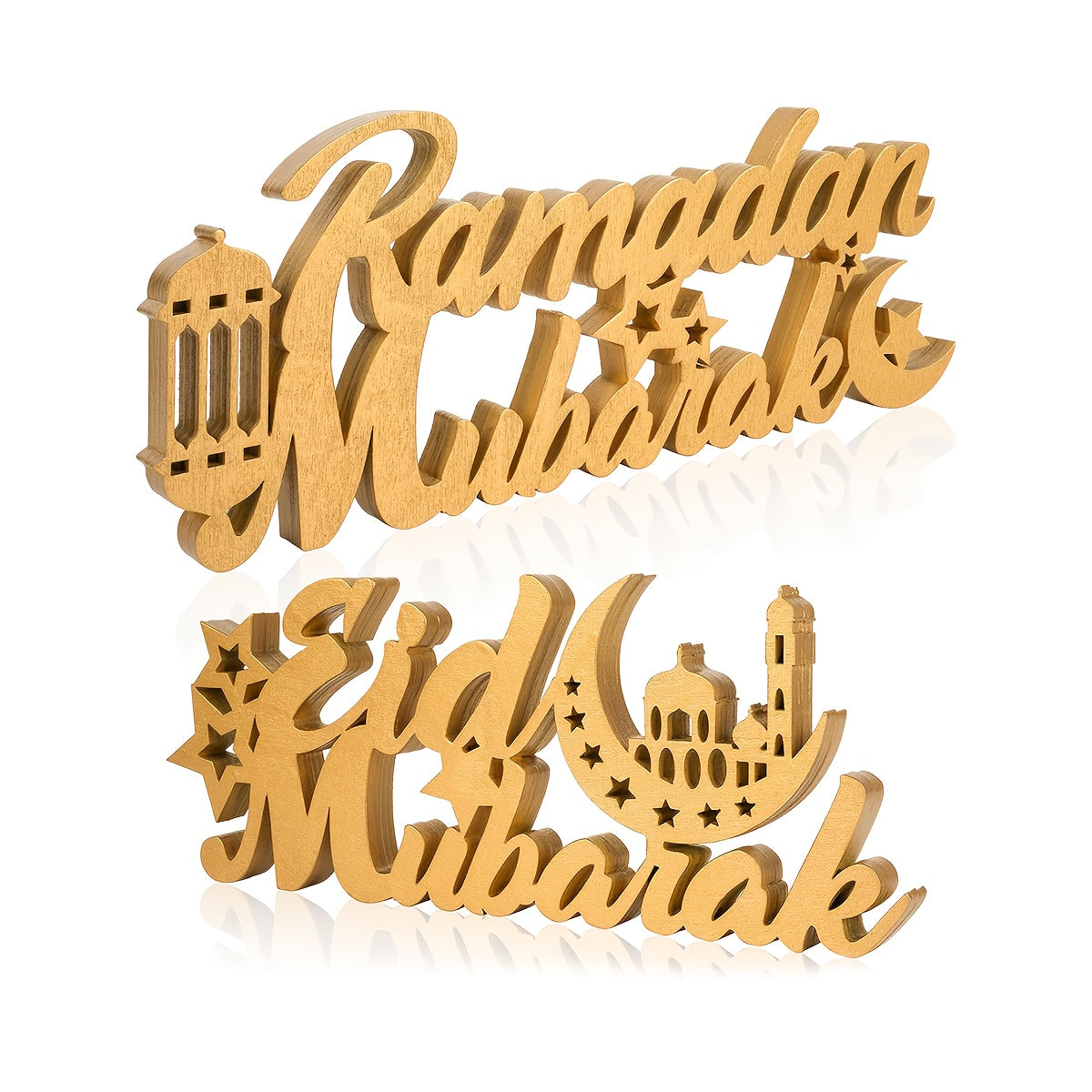 This Set of 2pcs Features Golden Wooden Decorations for Ramadan And Eid, Incorporating Symbols of Both "Ramadan Mubarak" And "Eid Mubarak." It Covers The Entire Period from Ramadan Blessings to Eid Celebrations, Suitable for