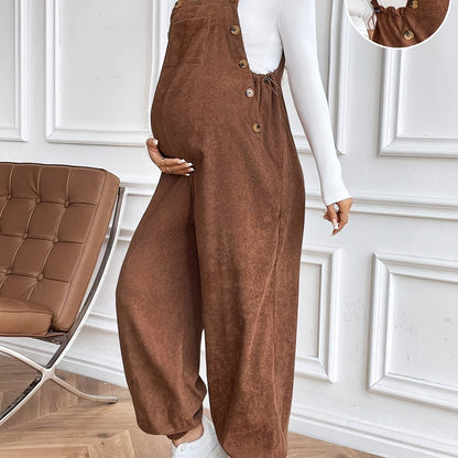 Women’s Maternity Oversized Trousers – Full-Length Corduroy-Style Pregnancy Pants with Adjustable Drawstring Waist & Golden-Tone Buttons
