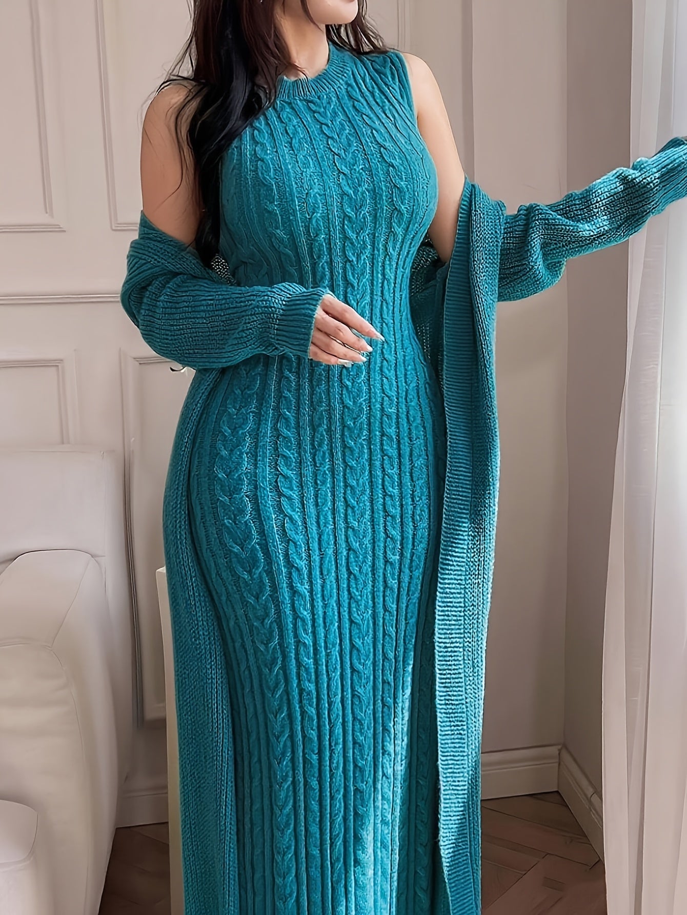 Women’s Elegant Khaki Knit Two-Piece Set – Round Neck Cardigan Top & Sleeveless Braided Texture Dress, Chic Autumn/Winter Outfit for Dates & Parties