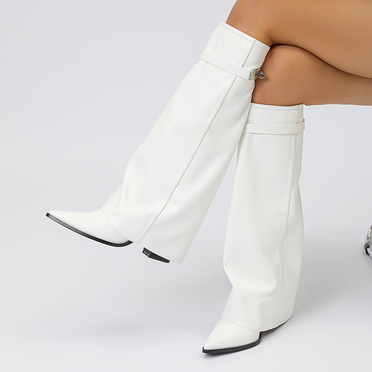 Women's Western Cowboy Boots – Chunky Heel, Pointed Toe, Buckle Detail & Slip-Resistant Sole, Stylish All-Season White Boots