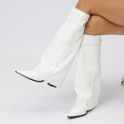 Women's Western Cowboy Boots – Chunky Heel, Pointed Toe, Buckle Detail & Slip-Resistant Sole, Stylish All-Season White Boots