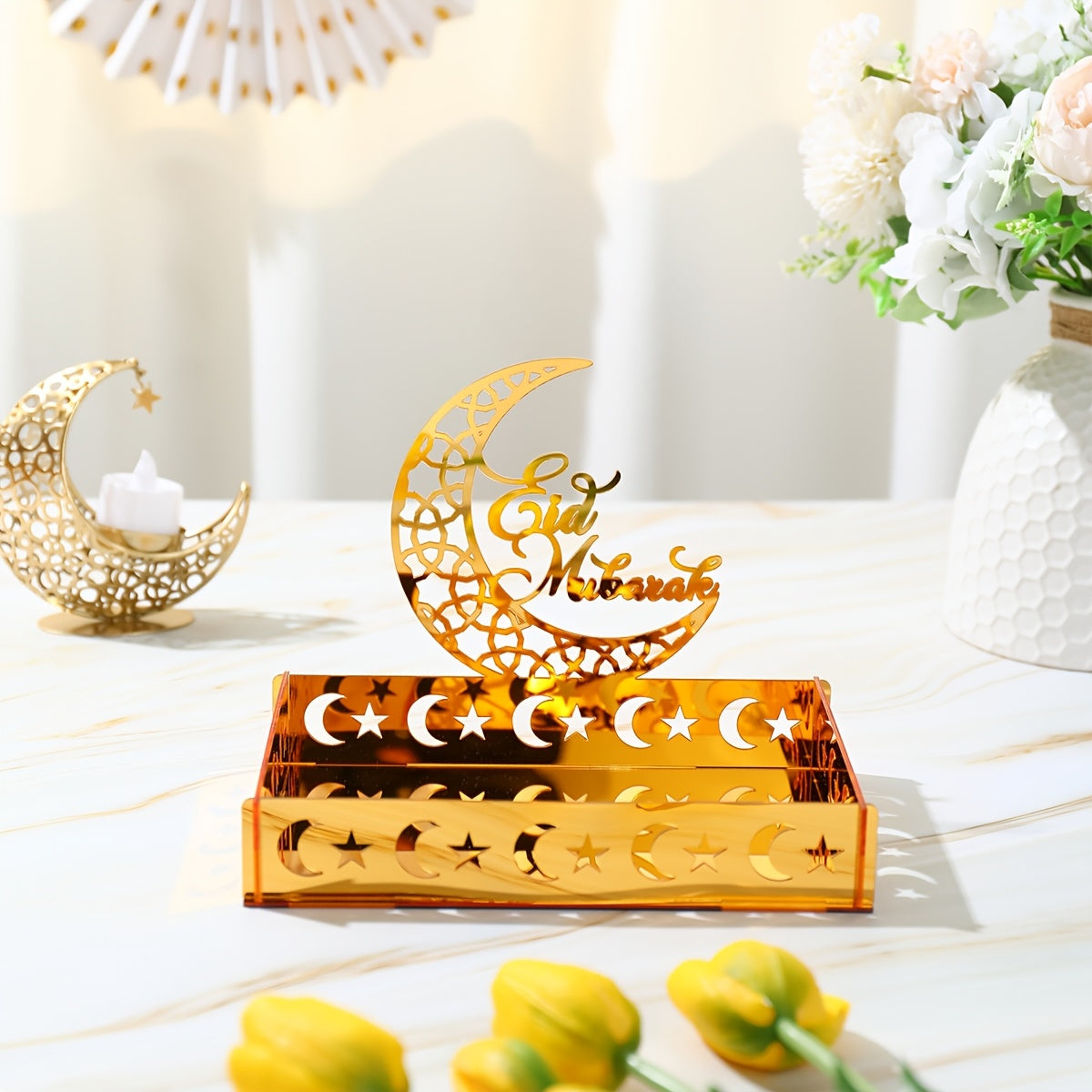 1pc Ramadan Kareem Acrylic Tray | Moon Star Castle Eid Mubarak Table Centerpiece, Ramadan Decoration for Home, Ramadan Mubarak Eid Al-Fitr Gifts, Islamic Muslim Party Supplies Ornament, Table Decor - FengRise