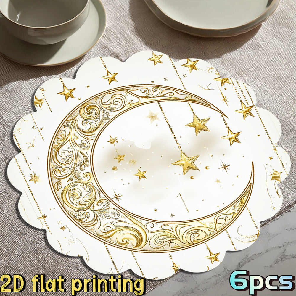 6pcs 2D Flat Printing Ramadan Golden Crescent Star Decorative Pattern Placemats, for Ramadan Gatherings, Festival Tables, Creating Warm Gorgeous Ramadan Atmosphere, Fitting Festive Meal and Table Decor, Suiting Holiday Dining
