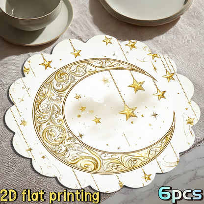6pcs 2D Flat Printing Ramadan Golden Crescent Star Decorative Pattern Placemats, for Ramadan Gatherings, Festival Tables, Creating Warm Gorgeous Ramadan Atmosphere, Fitting Festive Meal and Table Decor, Suiting Holiday Dining