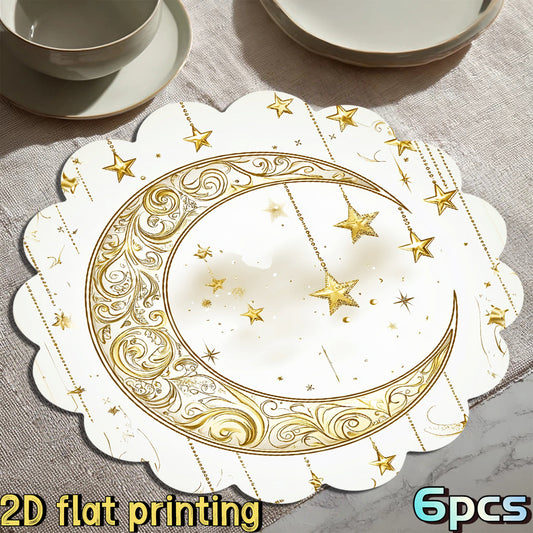 6pcs 2D Flat Printing Ramadan Golden Crescent Star Decorative Pattern Placemats, for Ramadan Gatherings, Festival Tables, Creating Warm Gorgeous Ramadan Atmosphere, Fitting Festive Meal and Table Decor, Suiting Holiday Dining