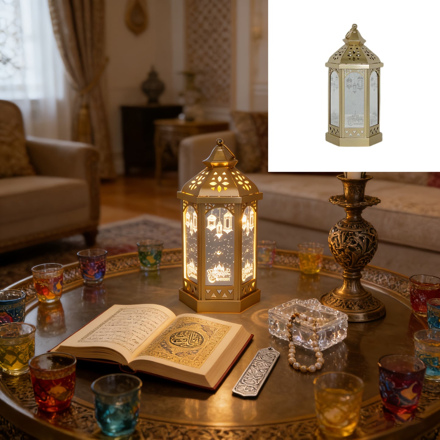1pc Ramadan Theme Decorative Lantern | Iron Tabletop LED Handheld Light, Ramadan Fanous, Festival Lantern, Hanging Lamp, Batteries Not Included