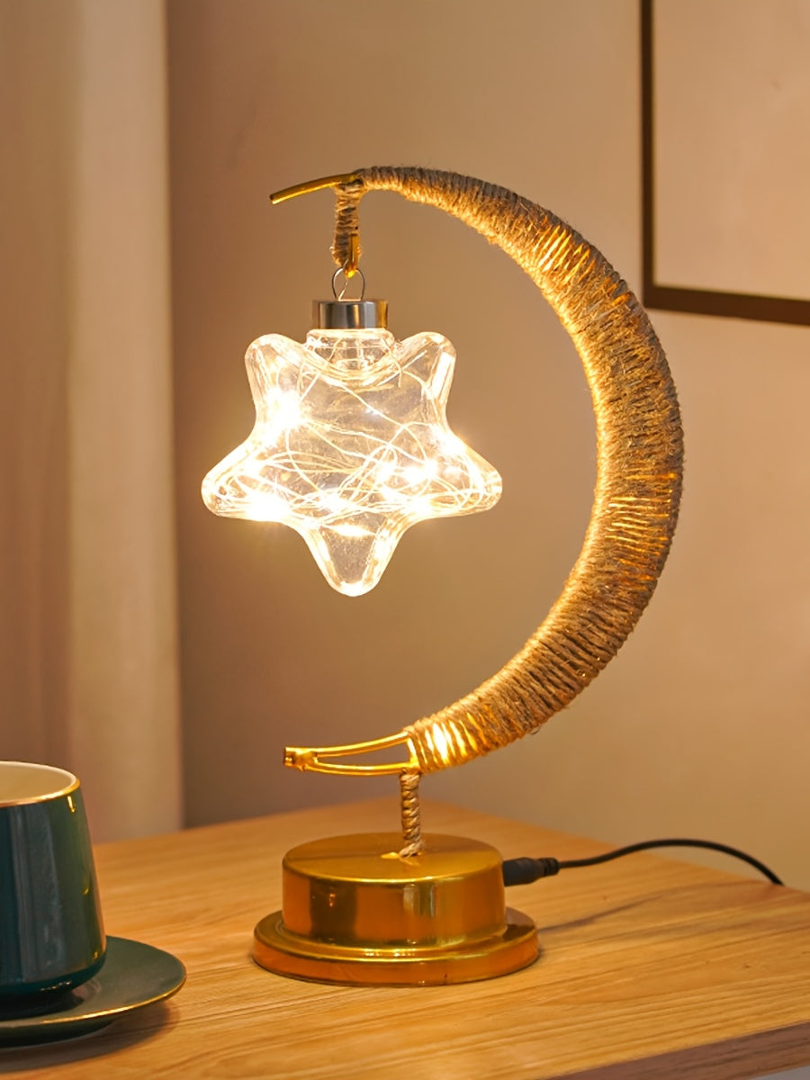 1pc LED Iron Art Hemp Rope Star and Moon Lamp Suitable for Festive Parties, Home Bedroom Table Light Atmosphere Modeling, Christmas, New Year, Eid al-Fitr and Ramadan Decoration Lighting (without Battery, Warm Light)