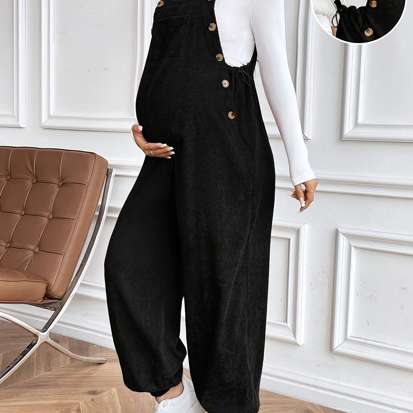 Women’s Maternity Oversized Trousers – Full-Length Corduroy-Style Pregnancy Pants with Adjustable Drawstring Waist & Golden-Tone Buttons
