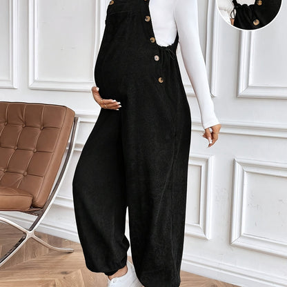 Women’s Maternity Oversized Trousers – Full-Length Corduroy-Style Pregnancy Pants with Adjustable Drawstring Waist & Golden-Tone Buttons