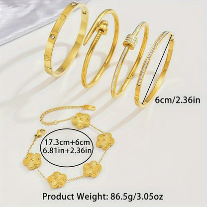 ACNODE 5-Piece 18K Gold-Plated Stainless Steel Boho Bracelet Set – Sparkling Rhinestone Bangles for Festivals & Daily Luxury Wear