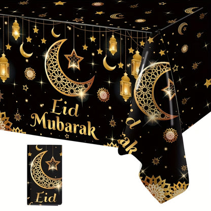 1pc,Moon Star Lantern Eid Mubarak Tablecloth,130*220cm PE Tablecover,Black Gold Table Cloth,Ramadan Decoration for Home,Eid Al-Fitr Gifts,Islamic Muslim Party Supplies,Ramadan Kareem Eid Al Adha Table Decoration