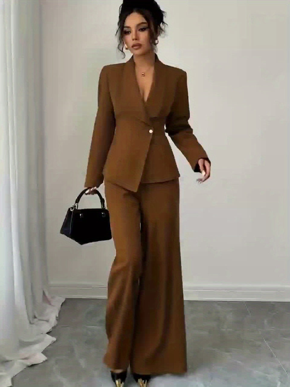Women’s Elegant Solid Color Pants Suit – Chic Two-Piece Set with Button Details for All-Season Wear
