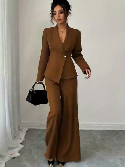 Women’s Elegant Solid Color Pants Suit – Chic Two-Piece Set with Button Details for All-Season Wear
