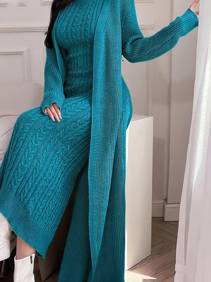 Women’s Elegant Khaki Knit Two-Piece Set – Round Neck Cardigan Top & Sleeveless Braided Texture Dress, Chic Autumn/Winter Outfit for Dates & Parties