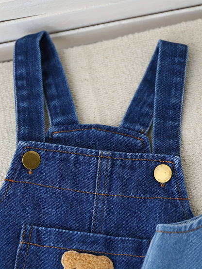 2-Piece Baby Boys’ Faux Denim Overalls – Adjustable Strap Rompers with Cute Bear Pockets, Regular-Fit All-Season Outfit for Outdoor Play