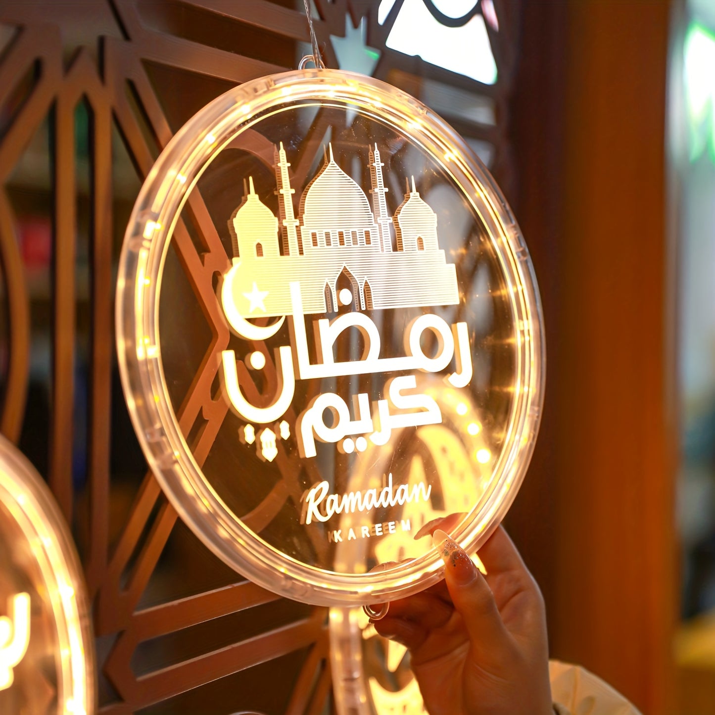 فوانيس رمضانية بتقنية LED - تصميم الخط العربي والهلال، تعمل بالبطارية، مصابيح معلقة داخلية/خارجية مع زر تحكم، فوانيس زخرفية