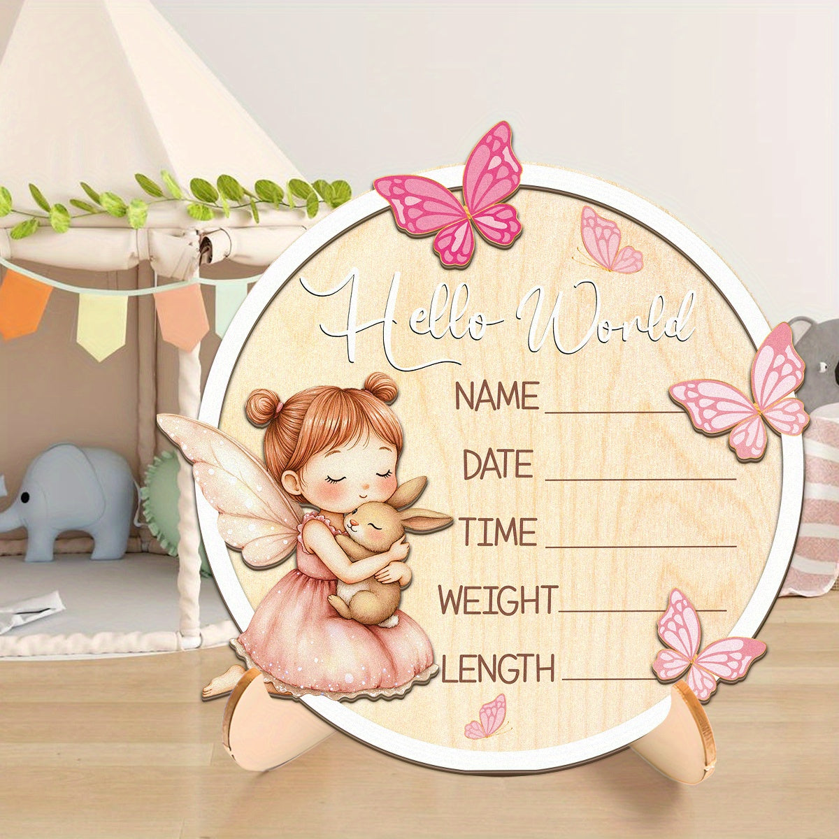 Hello World" Wooden Birth Announcement Board with Butterfly & Name/Date/Time/Weight/Length - Elegant Pink & Golden Lettering, Marker Included - Perfect for Decor