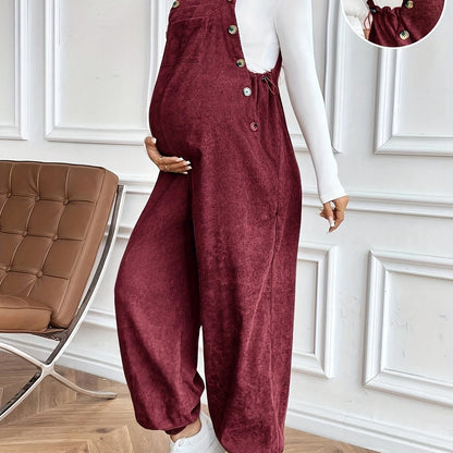 Women’s Maternity Oversized Trousers – Full-Length Corduroy-Style Pregnancy Pants with Adjustable Drawstring Waist & Golden-Tone Buttons