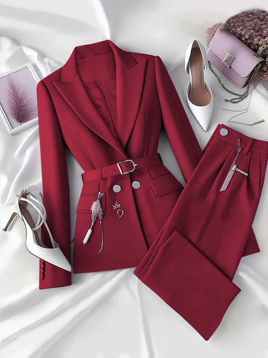 Elegant Solid Color Belted Blazer & Long Pants Suit – Chic Spring/Summer Office Wear for Women with Pockets