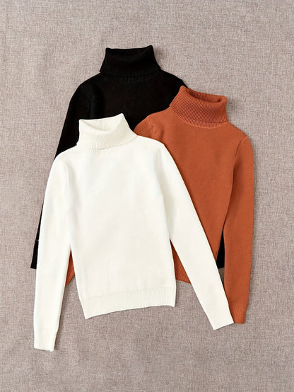 طقم سويت شيرت نسائي من 3 قطع برقبة عالية - ملابس تريكو خريف/شتاء