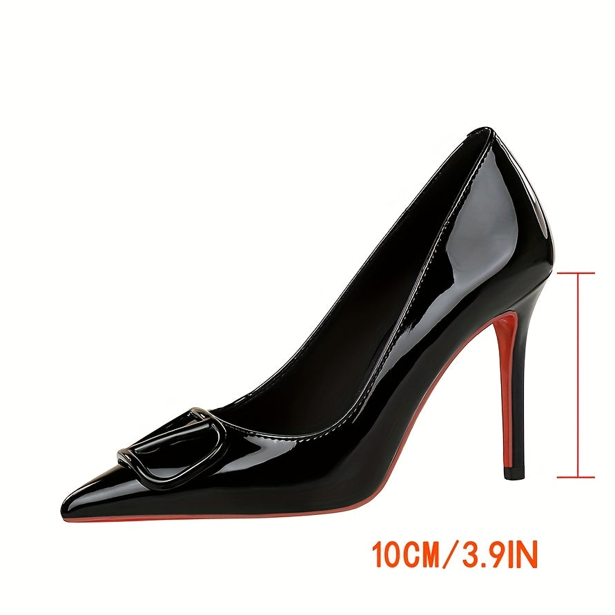 BIGTREE Women's V-Shape Pointed-Toe Stiletto Heels – Glossy Black Dress Pumps with Buckle Detail, Elegant Party & Wedding Shoes