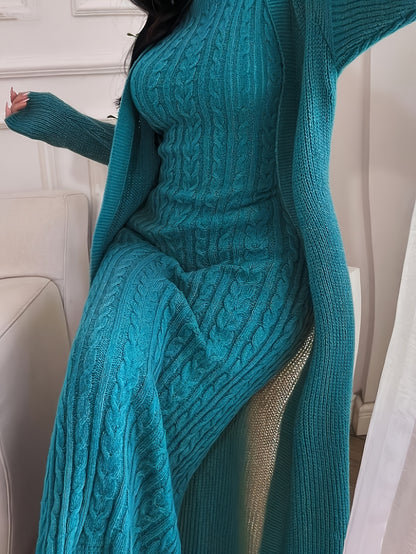 Women’s Elegant Khaki Knit Two-Piece Set – Round Neck Cardigan Top & Sleeveless Braided Texture Dress, Chic Autumn/Winter Outfit for Dates & Parties