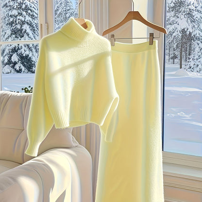 طقم ملابس تريكو نسائي لفصل الخريف والشتاء - فستان طويل فضفاض مع سترة بياقة عالية، بلون واحد