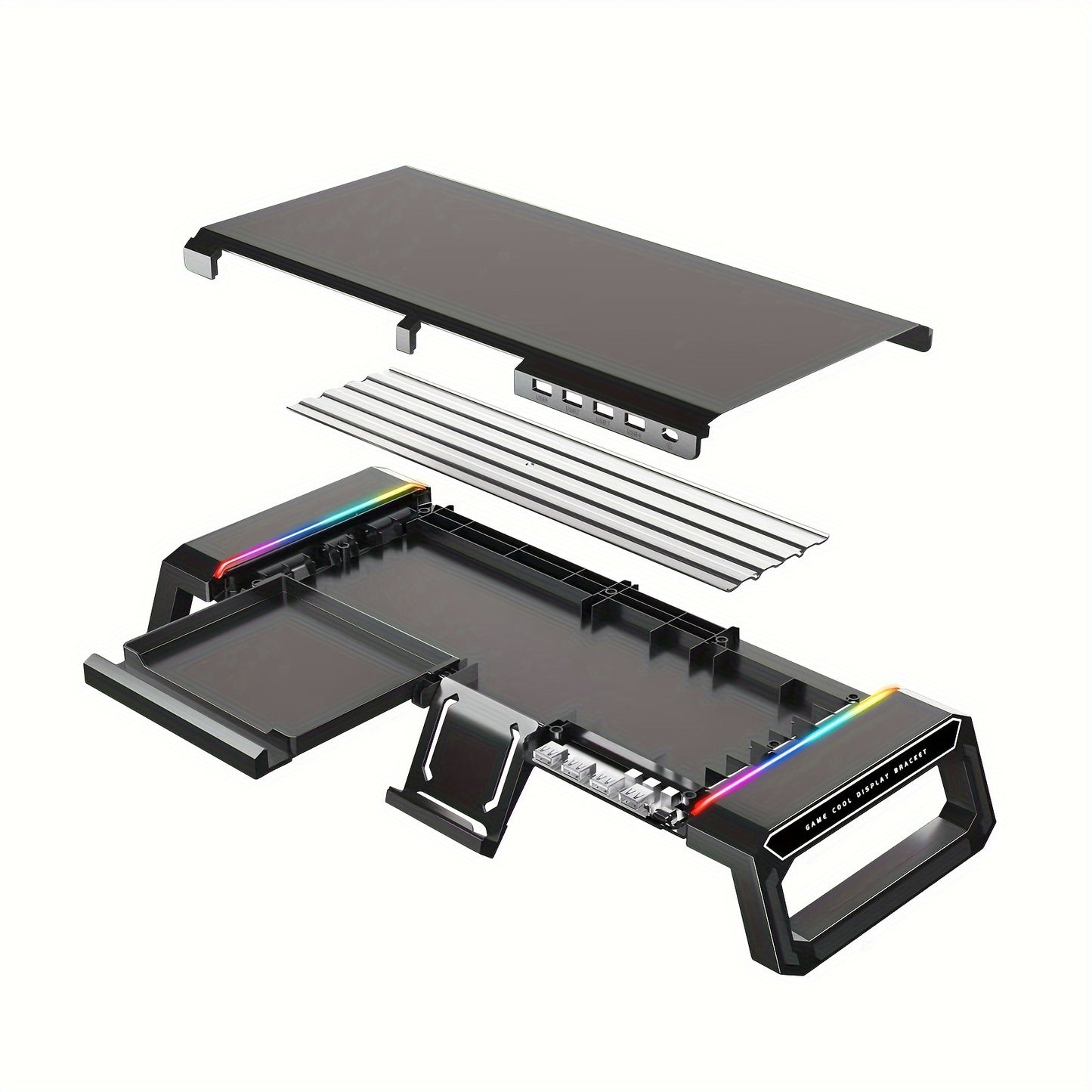 حامل شاشة مزود بأربعة منافذ USB 2.0، وحامل شاشة كمبيوتر بإضاءة RGB مع حامل للهاتف المحمول ودرج تخزين، وحامل شاشة تخزين مكتبي لأجهزة الكمبيوتر الشخصية والمحمولة وأجهزة iMac