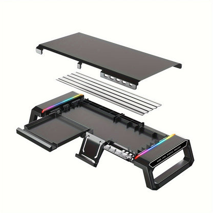 حامل شاشة مزود بأربعة منافذ USB 2.0، وحامل شاشة كمبيوتر بإضاءة RGB مع حامل للهاتف المحمول ودرج تخزين، وحامل شاشة تخزين مكتبي لأجهزة الكمبيوتر الشخصية والمحمولة وأجهزة iMac