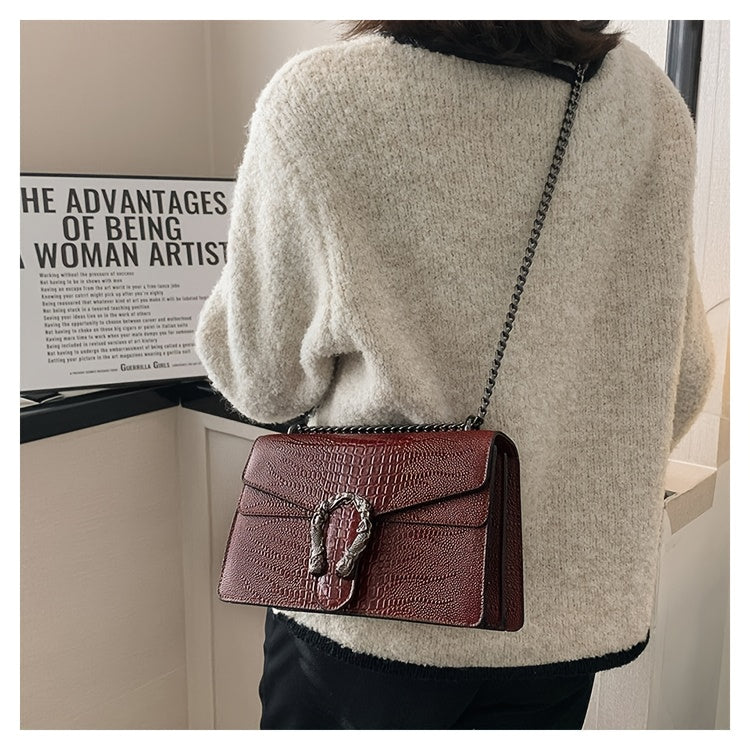 Women’s Luxury Crocodile-Embossed Crossbody Bag – Vintage Faux Leather Shoulder Purse with Adjustable Chain Strap, Zipper & Snap Closure, G-Style Design