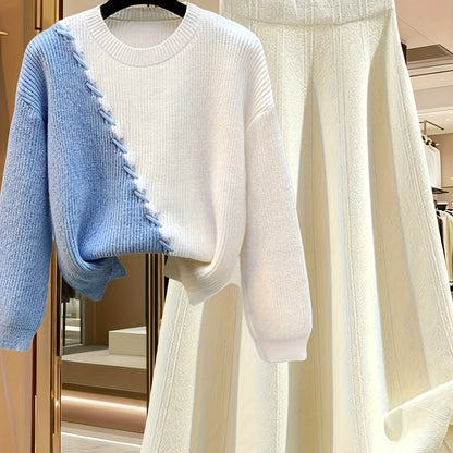 طقم نسائي من قطعتين من ملابس التريكو لفصلي الخريف والشتاء - بلوزة عصرية مع تنورة فضفاضة