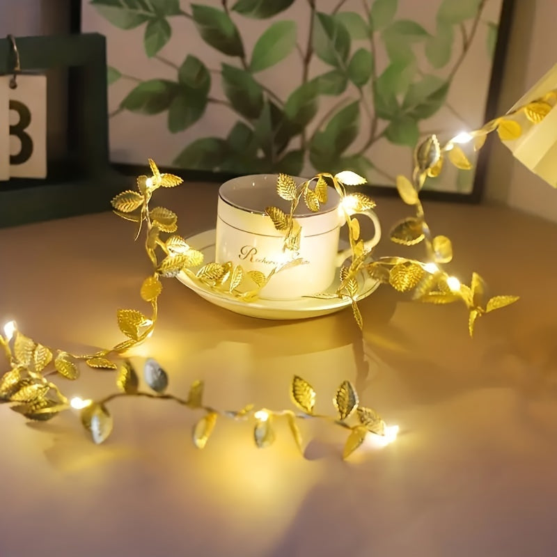 Golden Leaf Garland Fairy Lights | Plastic, Warm White LED, Battery Powered (2 Batteries Not Included), Ideal for Home, Tabletop, Wedding, Ramadan, Special Event Decorations - Featherless, No Batteries Included