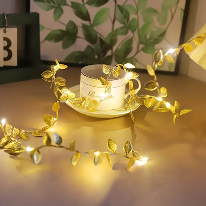 Golden Leaf Garland Fairy Lights | Plastic, Warm White LED, Battery Powered (2 Batteries Not Included), Ideal for Home, Tabletop, Wedding, Ramadan, Special Event Decorations - Featherless, No Batteries Included