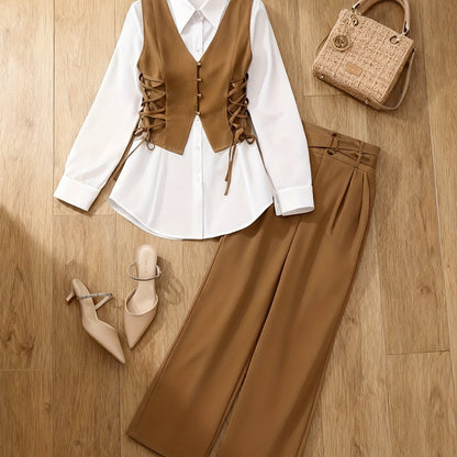 Women’s Tailored Blazer Vest Set — 3-Piece Formal Outfit with Sleeveless Shirt & Wide-Leg Pants