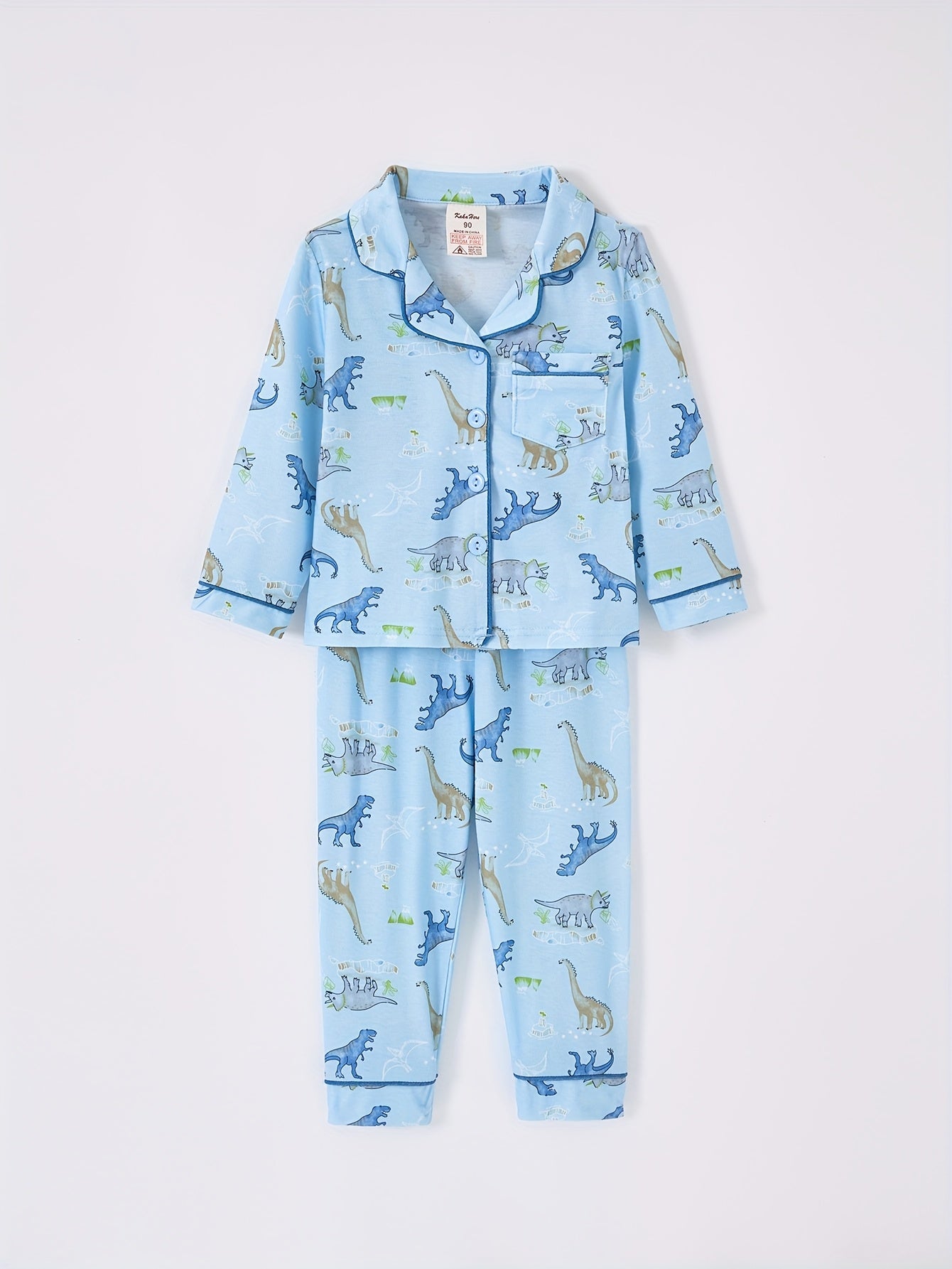 Random 4-Piece (2 Sets) Boys’ Dinosaur Print Shirt & Elastic-Waist Pants – Polyester Cartoon Pajama/Home Wear Sets for Ages 2–7, Spring/Autumn/Winter