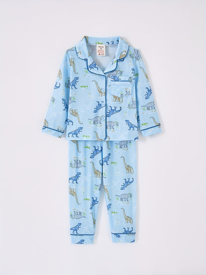 Random 4-Piece (2 Sets) Boys’ Dinosaur Print Shirt & Elastic-Waist Pants – Polyester Cartoon Pajama/Home Wear Sets for Ages 2–7, Spring/Autumn/Winter