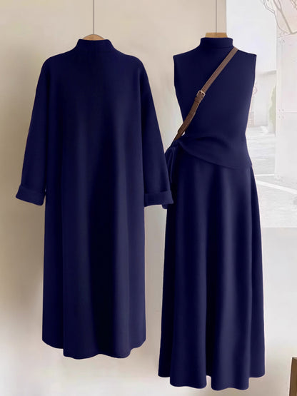 Women’s Elegant 3-Piece Outfit Set – Long Cardigan Jacket, High-Neck Vest & Skirt, Solid Color Chic Ensemble for Casual or Formal Events