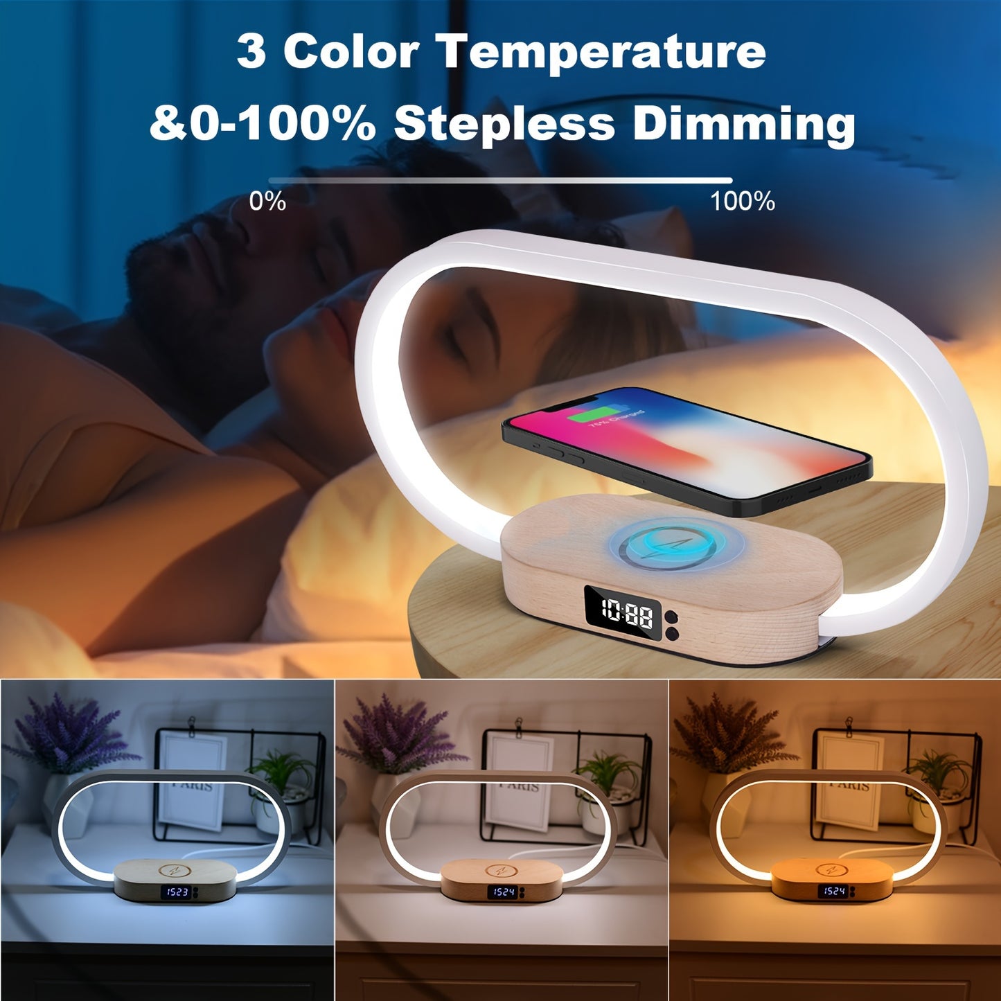 10W Fast Wireless Charging Station with Adjustable LED Desk Lamp, Night Light & Clock – Touch Control USB Charger for iPhone, Samsung & Smartwatches