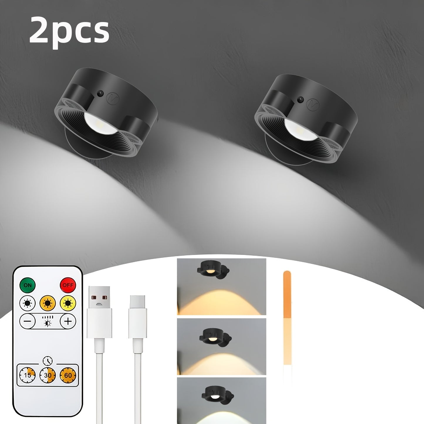 Rechargeable LED Wall Lamp – 360° Rotating Spotlight with Remote & Touch Control, 3-Color Dimming for Home & Gallery